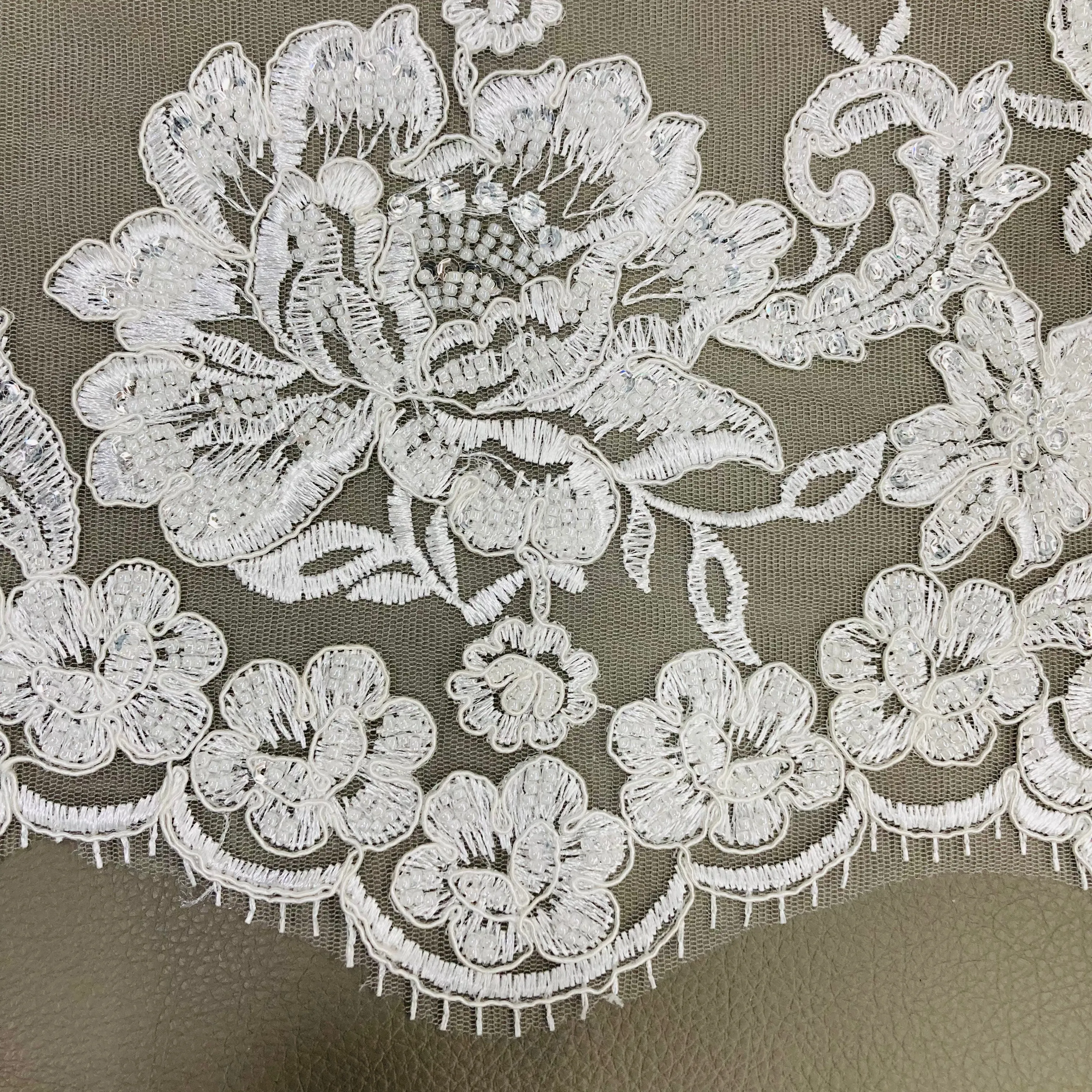 Double Sided Beaded Floral Lace Trimming Corded Embroidered on 100% Poly. Net Mesh | Lace USA - 97129W/2-HB