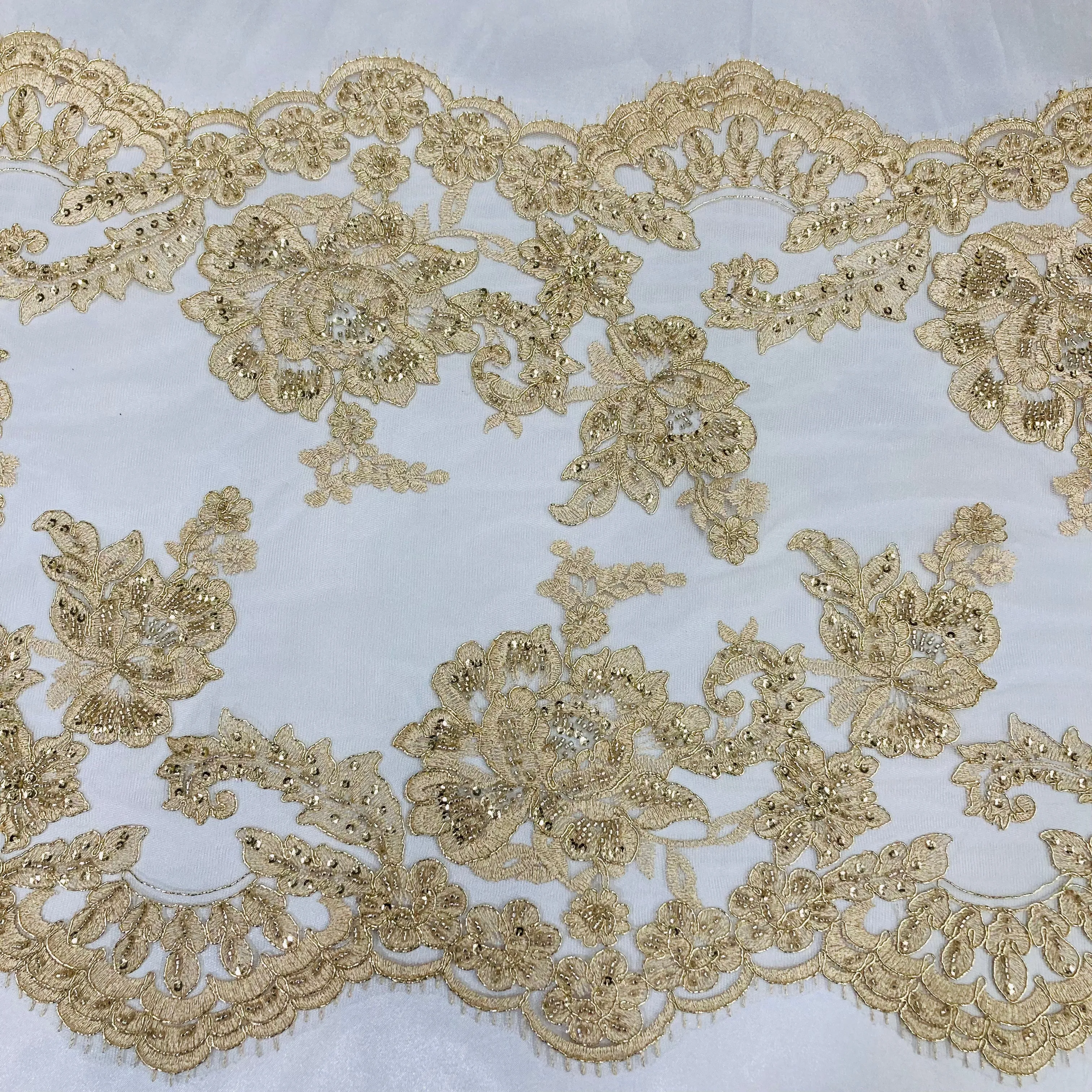 Double Sided Beaded Floral Lace Trimming Corded Embroidered on 100% Poly. Net Mesh | Lace USA - 97129W/2-HB