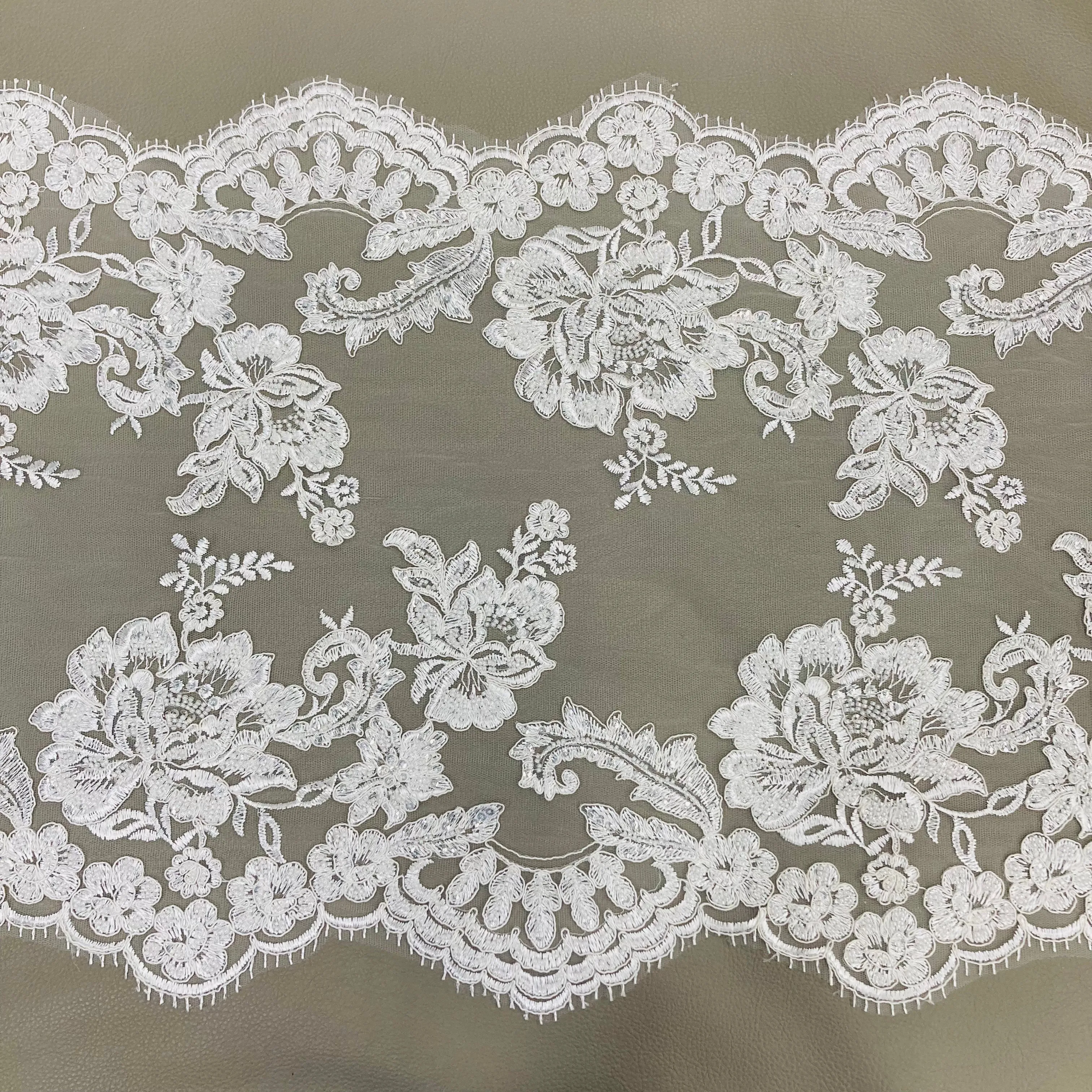 Double Sided Beaded Floral Lace Trimming Corded Embroidered on 100% Poly. Net Mesh | Lace USA - 97129W/2-HB