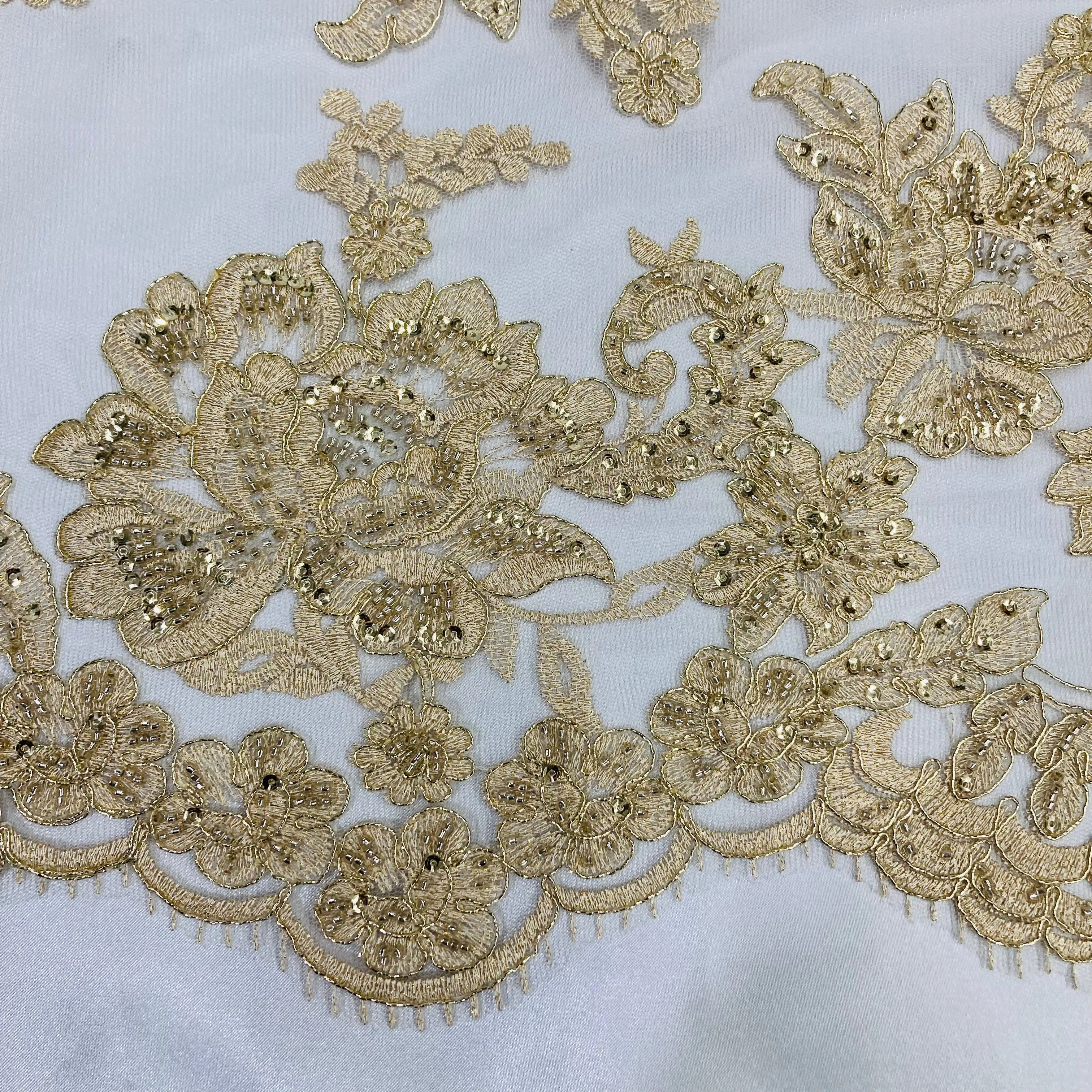 Double Sided Beaded Floral Lace Trimming Corded Embroidered on 100% Poly. Net Mesh | Lace USA - 97129W/2-HB