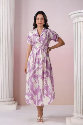 Elegant Lavender Floral Print Russian Silk Midi Dress