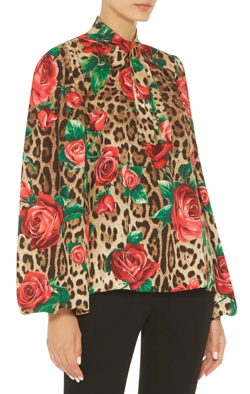 Floral And Leopard Crepe Pussybow Blouse