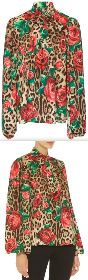 Floral And Leopard Crepe Pussybow Blouse