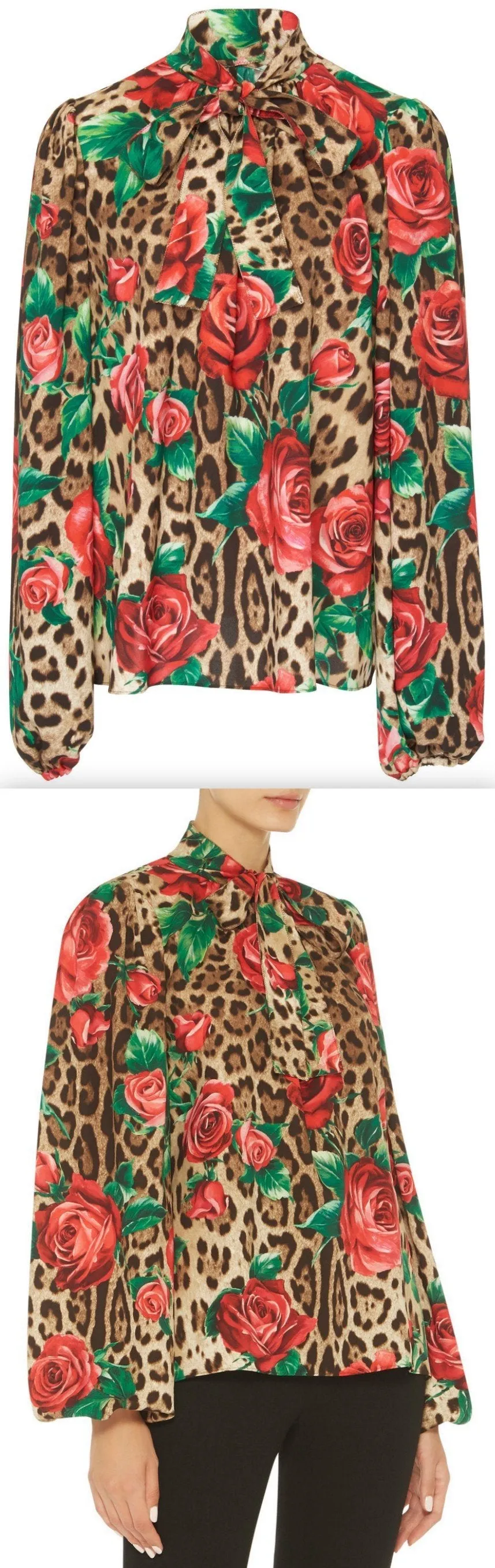Floral And Leopard Crepe Pussybow Blouse