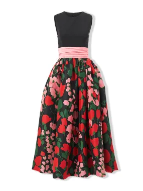 Floral-Print Cummerbund-Waist Midi Dress