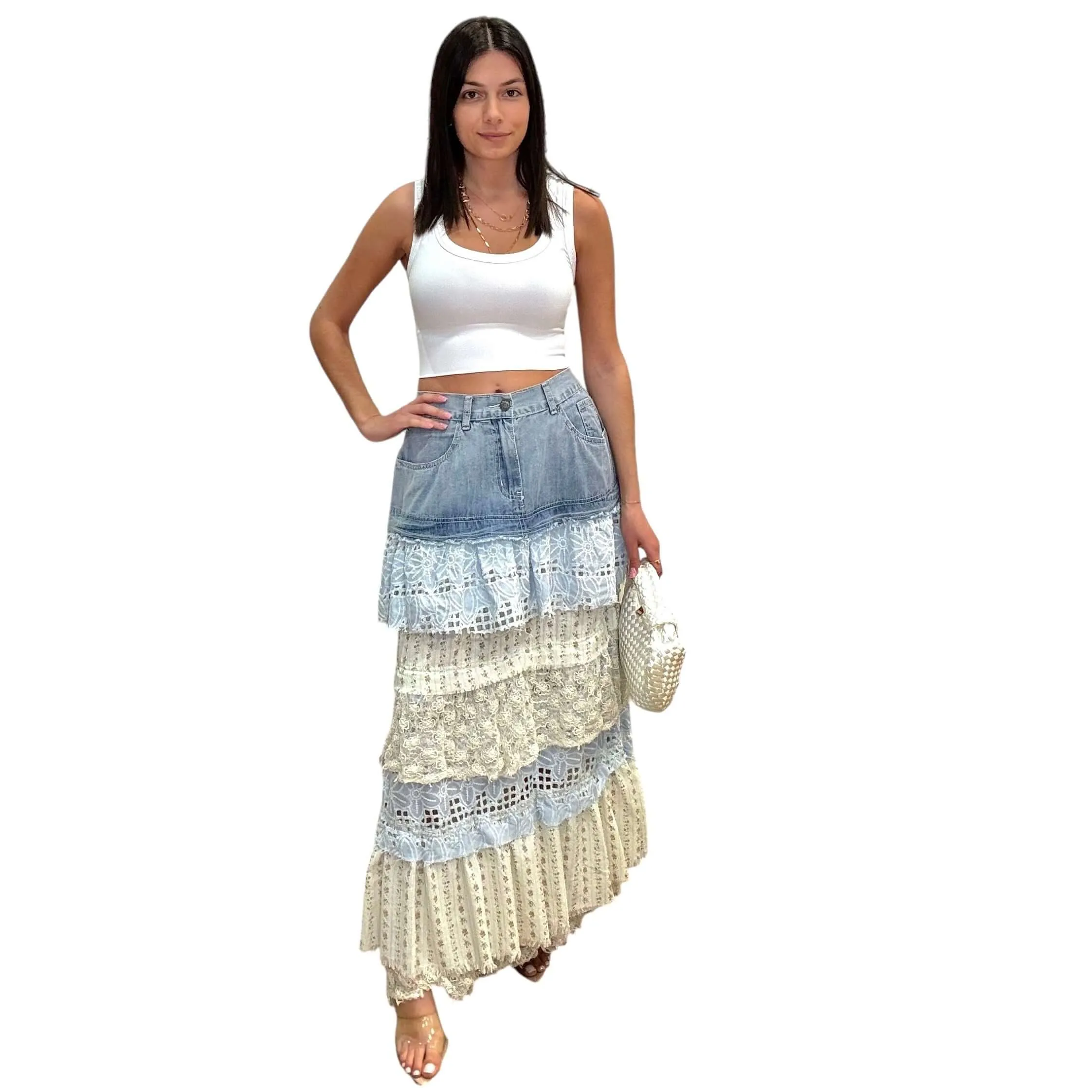 Floral Tiered Ruffle Denim Skirt