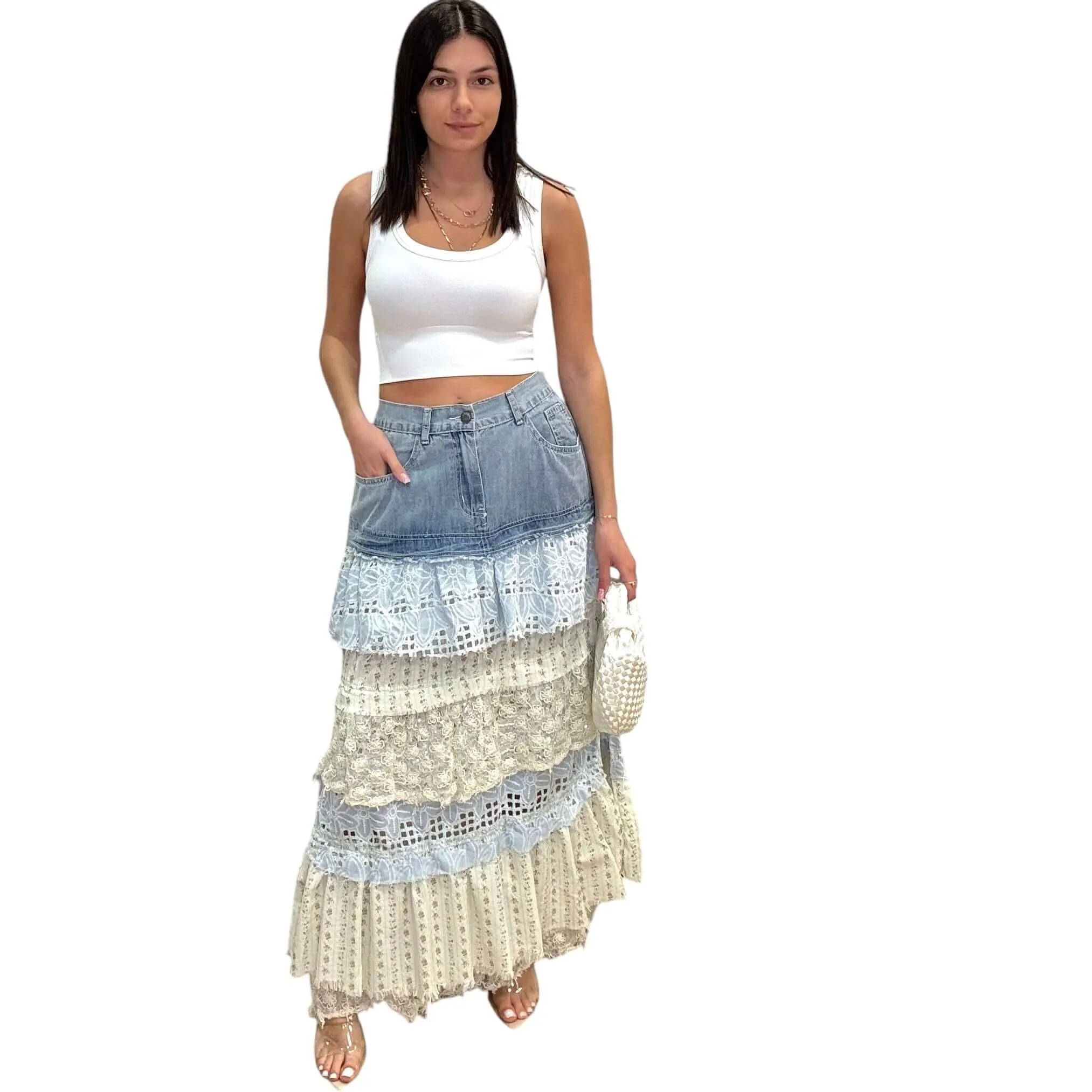 Floral Tiered Ruffle Denim Skirt