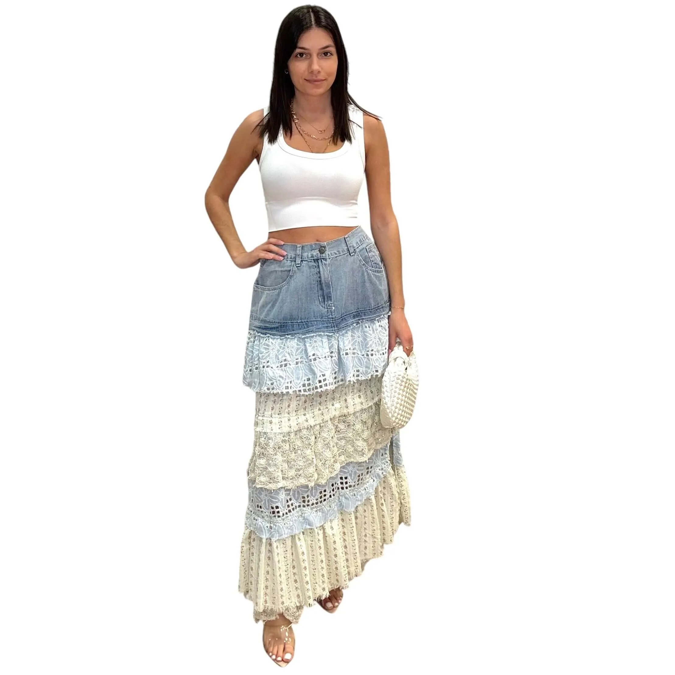 Floral Tiered Ruffle Denim Skirt