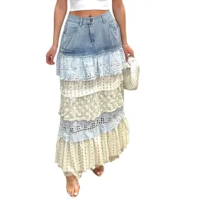 Floral Tiered Ruffle Denim Skirt