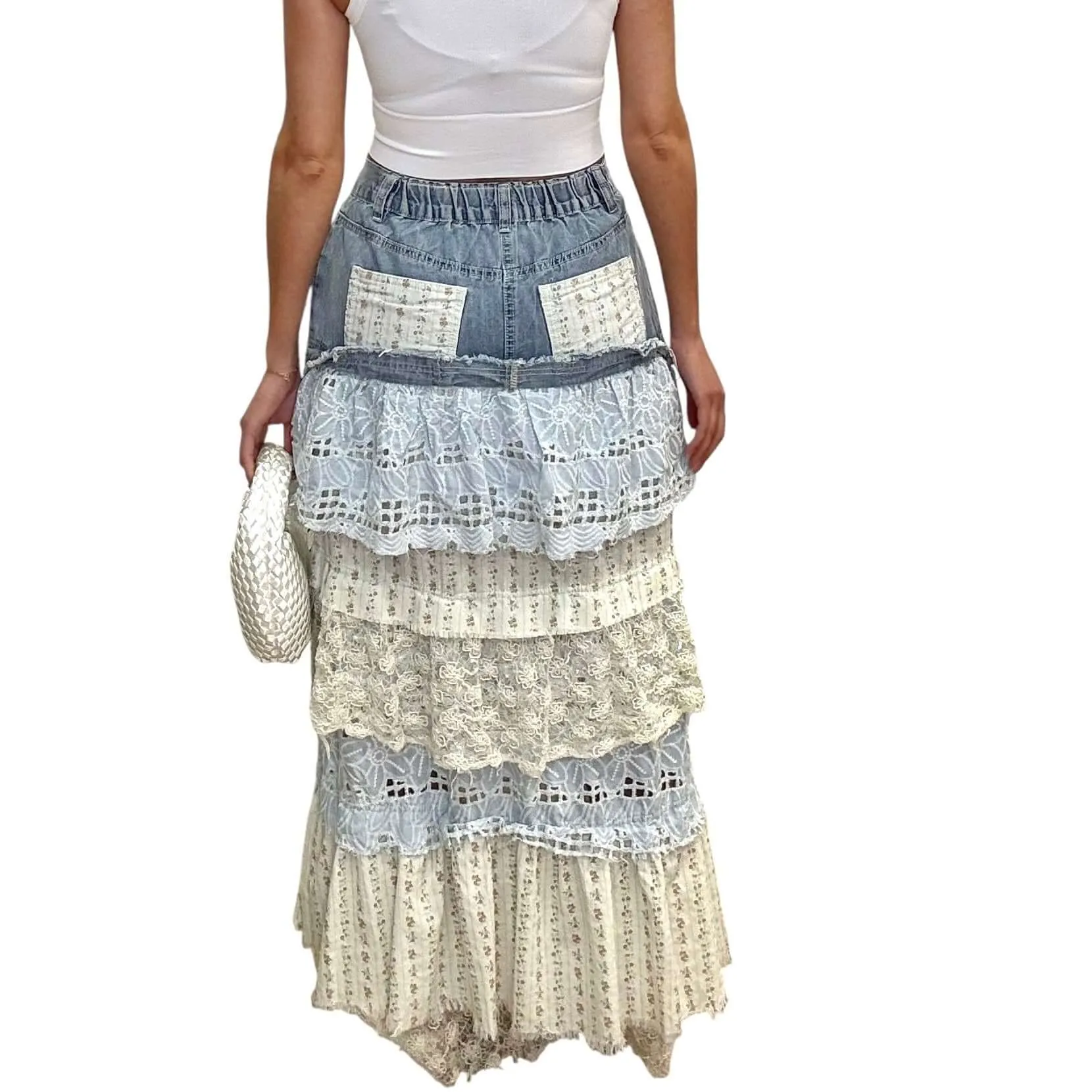 Floral Tiered Ruffle Denim Skirt