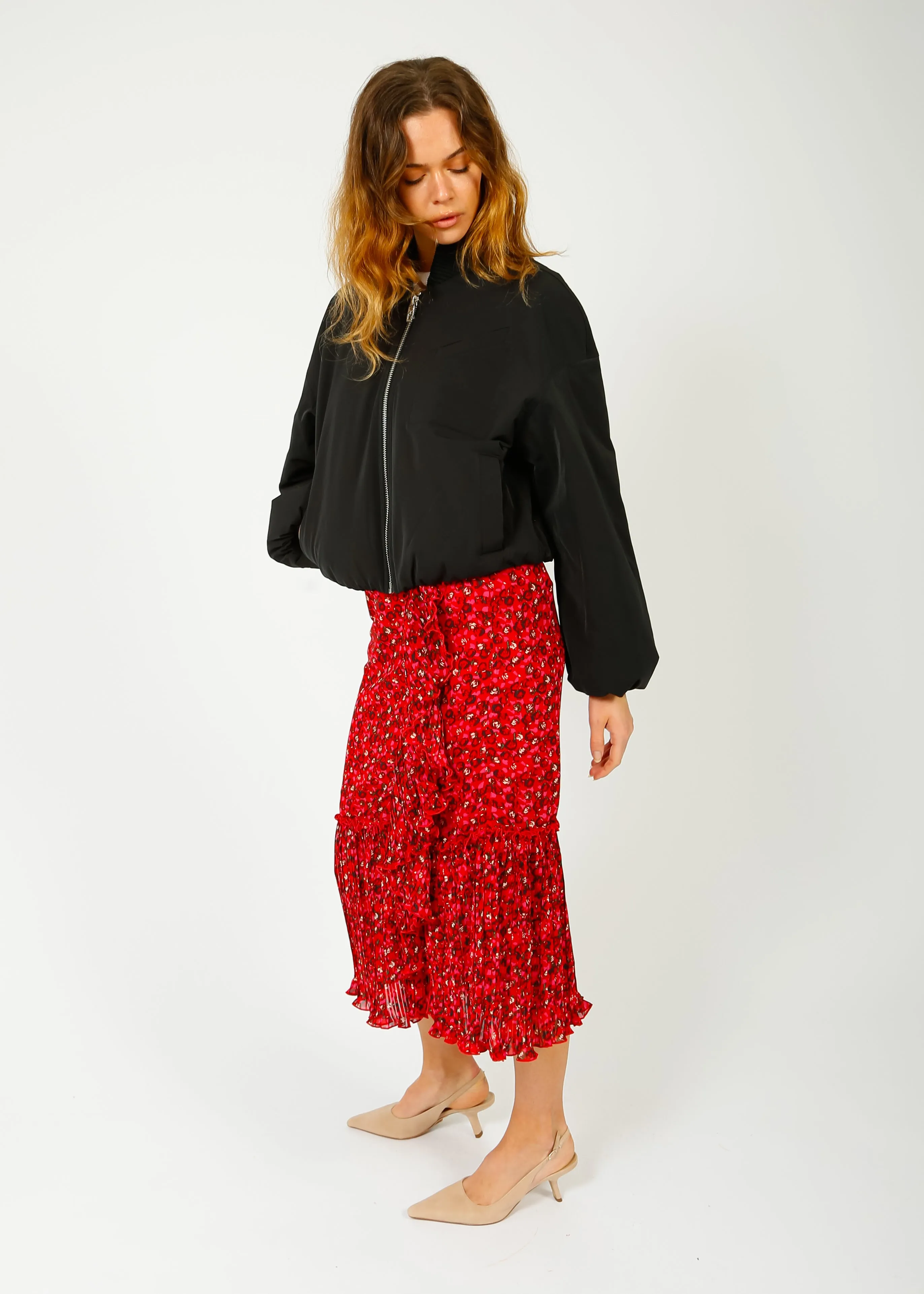 GANNI F8872 Pleated Georgette Flounce Skirt in Racing Red