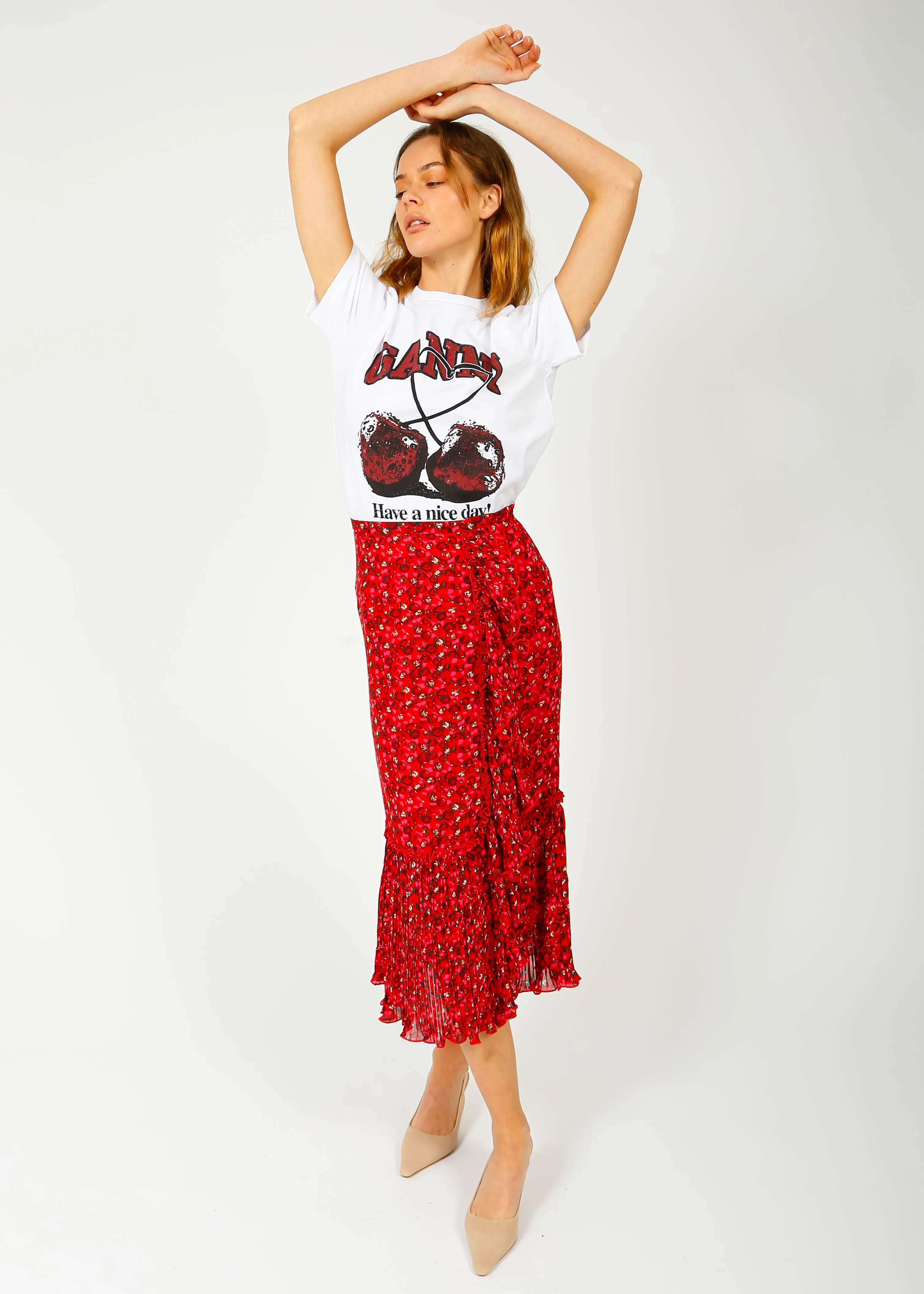 GANNI F8872 Pleated Georgette Flounce Skirt in Racing Red