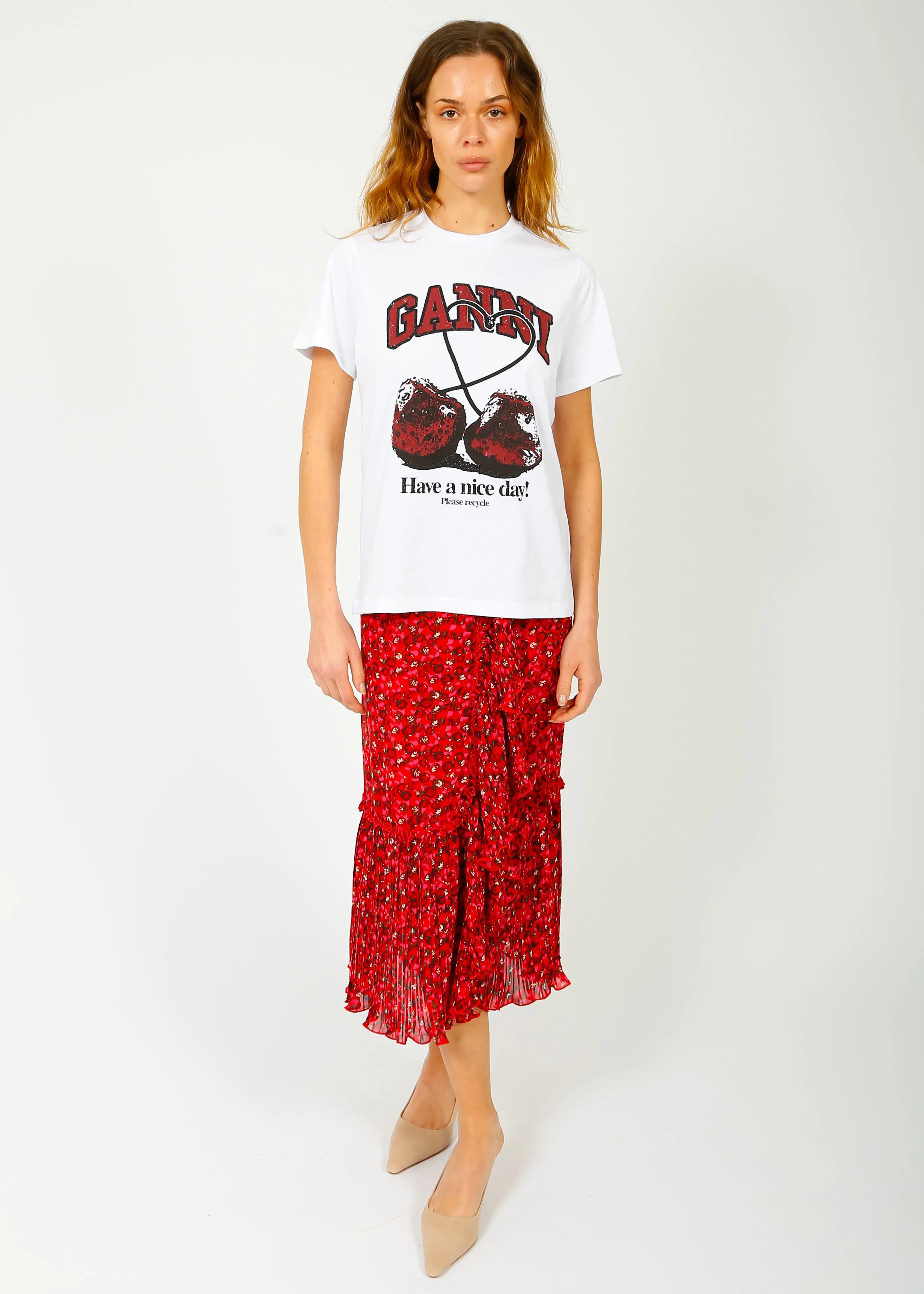 GANNI F8872 Pleated Georgette Flounce Skirt in Racing Red
