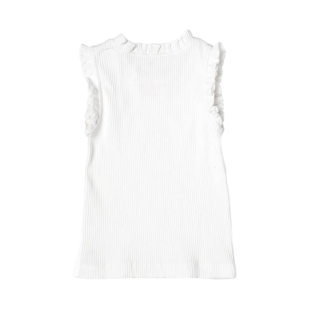 Girls Organic Ruffle Rib Tank - White