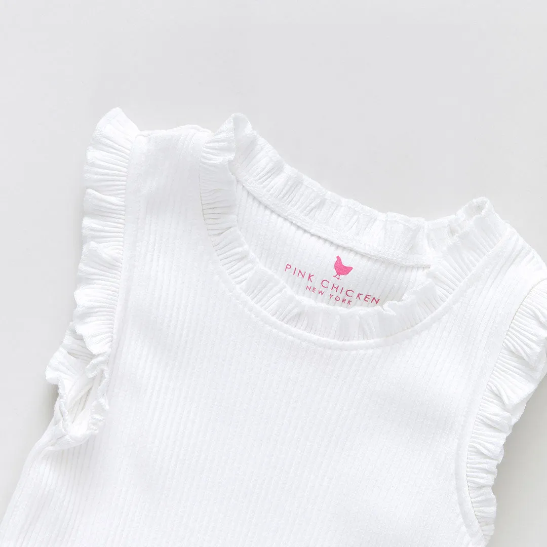 Girls Organic Ruffle Rib Tank - White