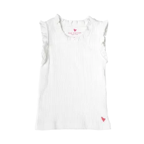 Girls Organic Ruffle Rib Tank - White
