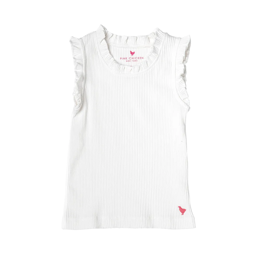 Girls Organic Ruffle Rib Tank - White