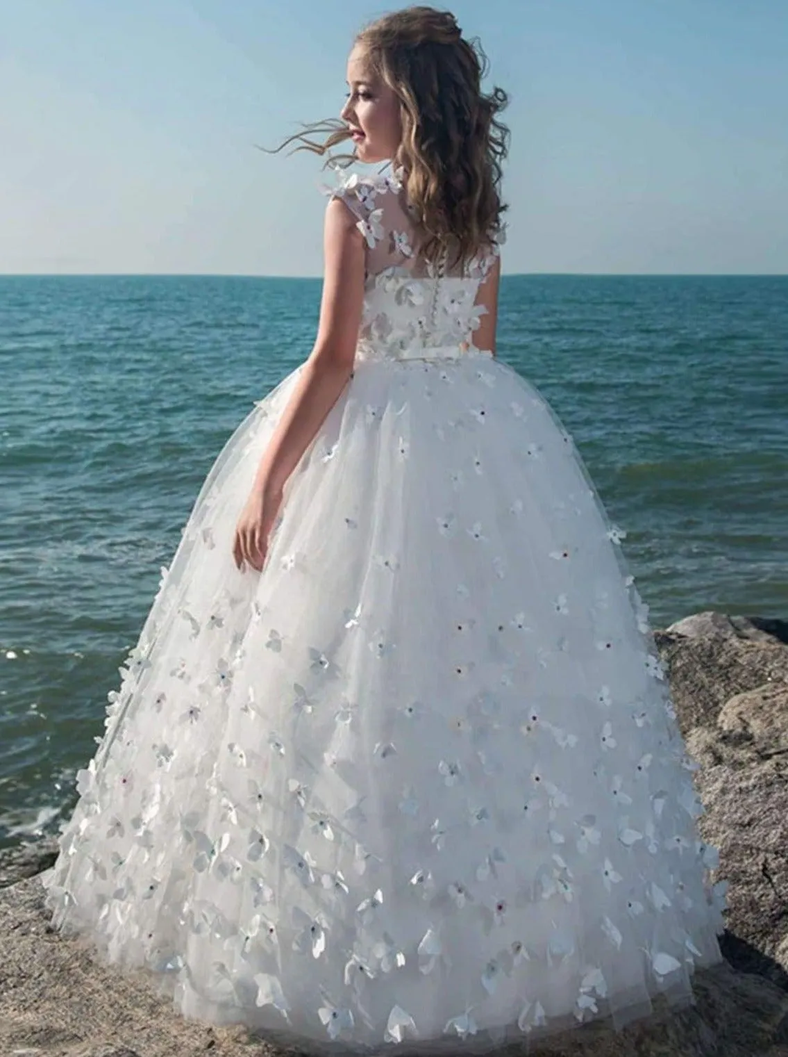 Girls White Lace Butterfly Communion Dress