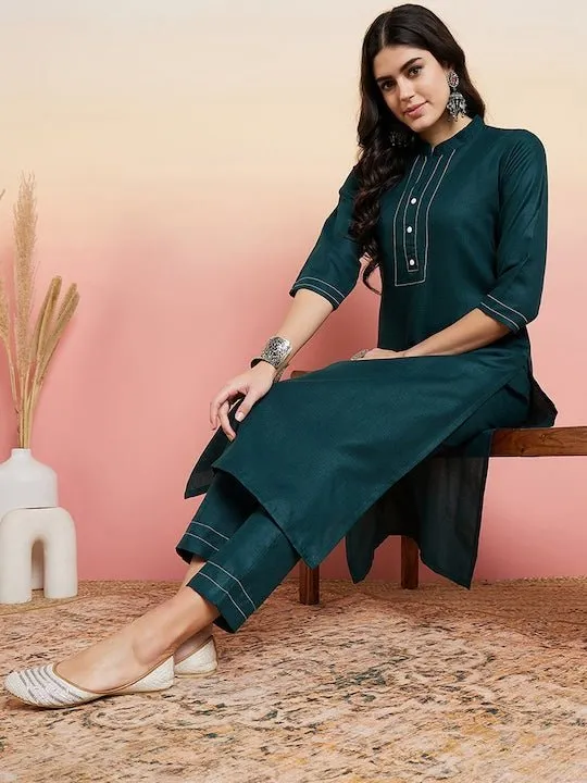 Green Thread Work Regular Kurta With Trousers