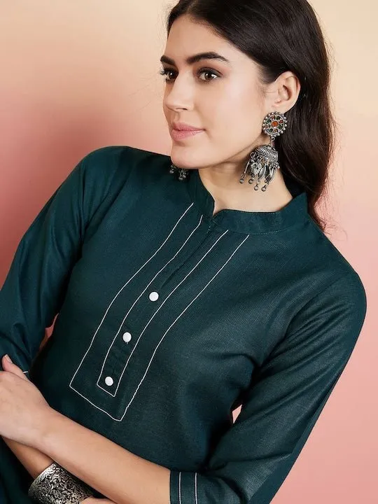 Green Thread Work Regular Kurta With Trousers