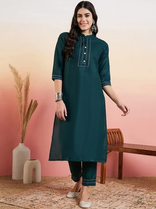 Green Thread Work Regular Kurta With Trousers