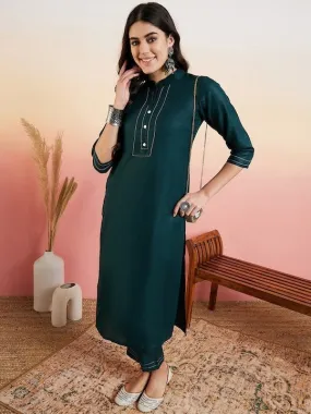 Green Thread Work Regular Kurta With Trousers