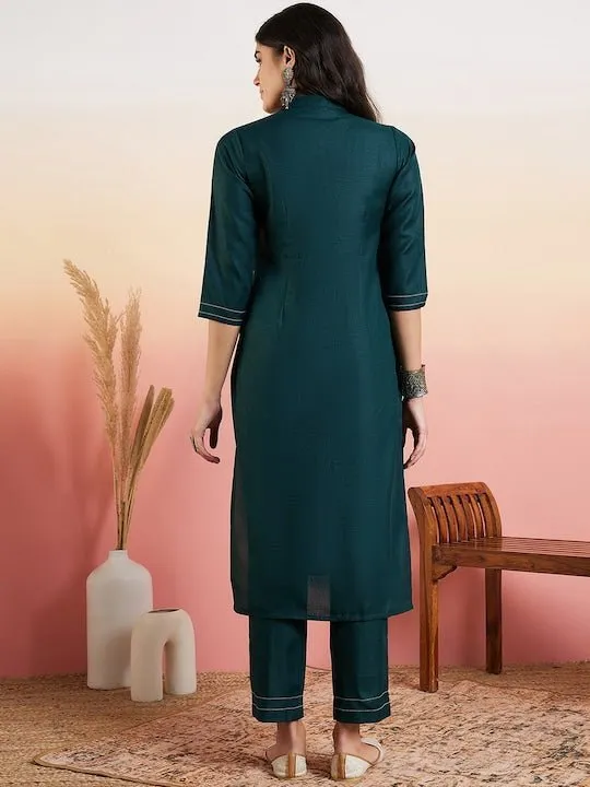 Green Thread Work Regular Kurta With Trousers
