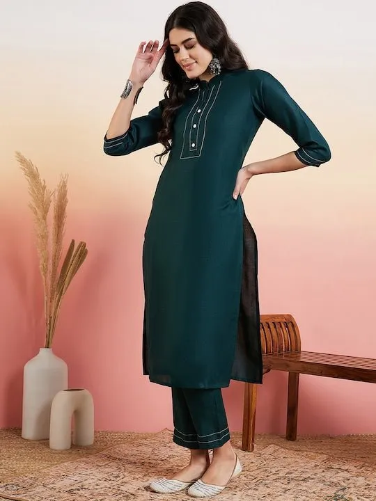 Green Thread Work Regular Kurta With Trousers
