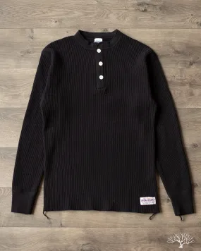 IHTL-1213-BLK - Waffle Knit Long Sleeve Thermal Henley - Black