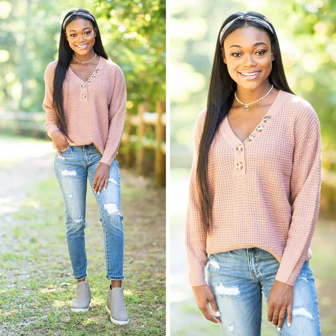 Just Be Happy Ash Rose Pink Waffle Sweater