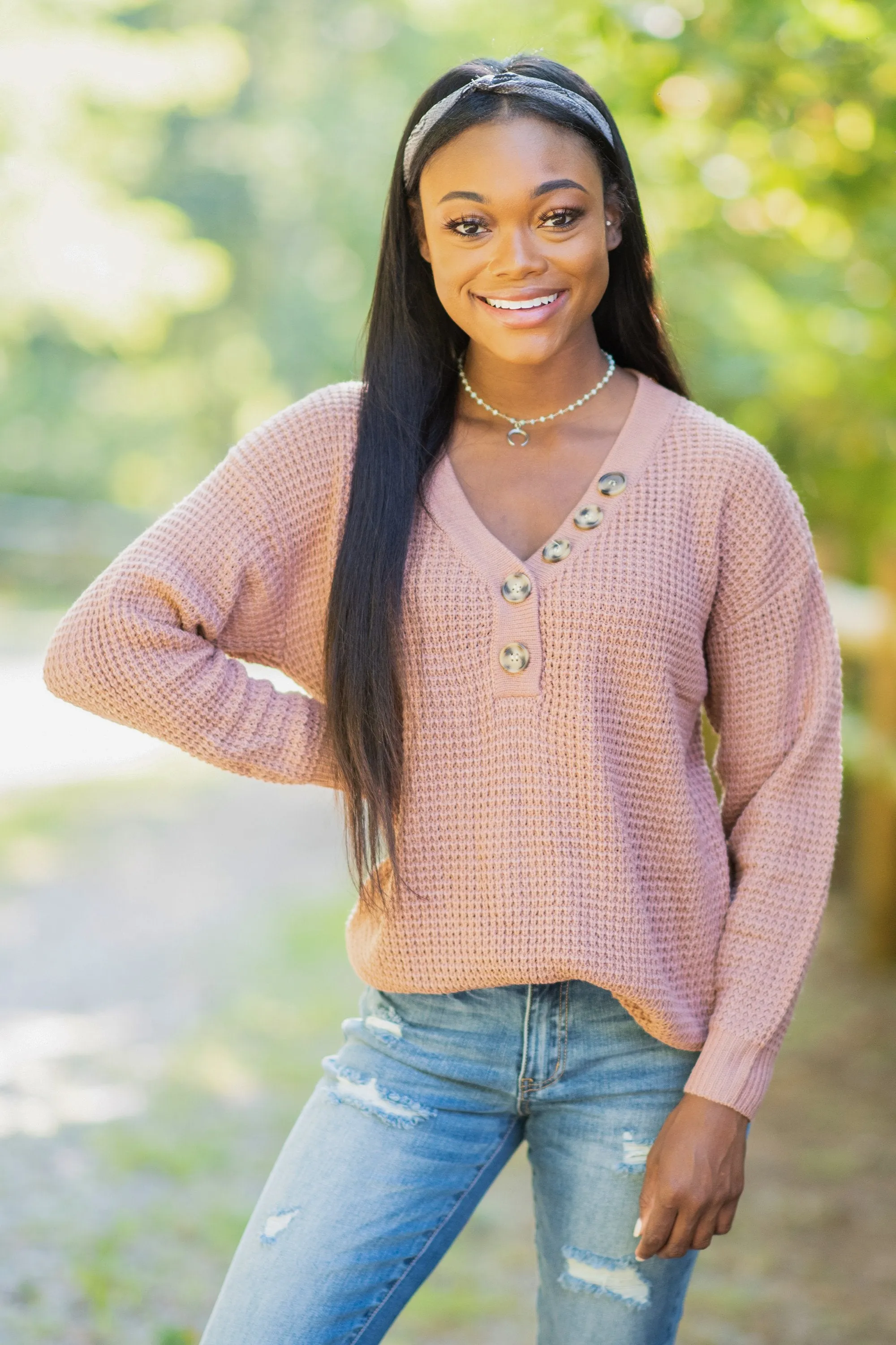 Just Be Happy Ash Rose Pink Waffle Sweater