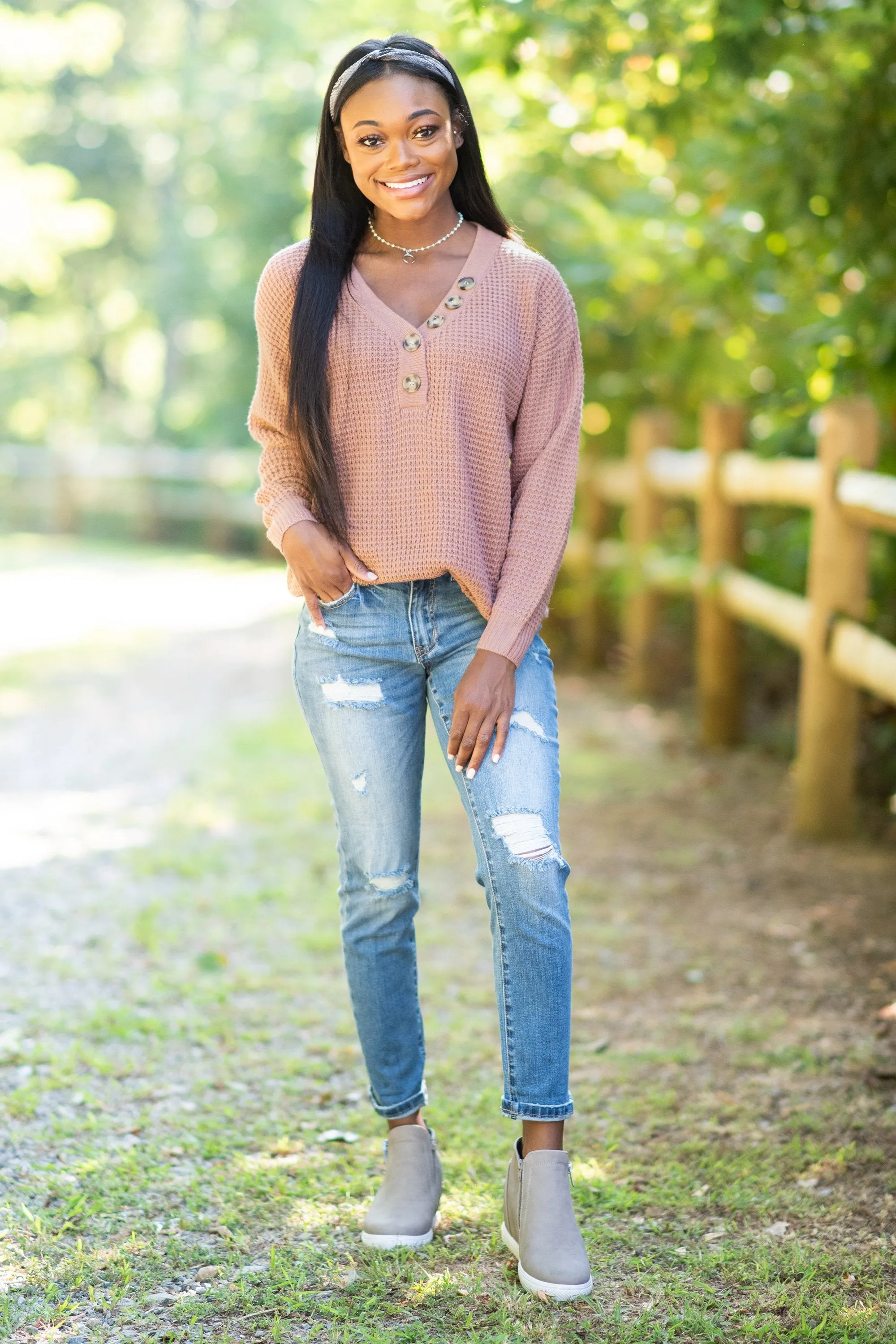 Just Be Happy Ash Rose Pink Waffle Sweater