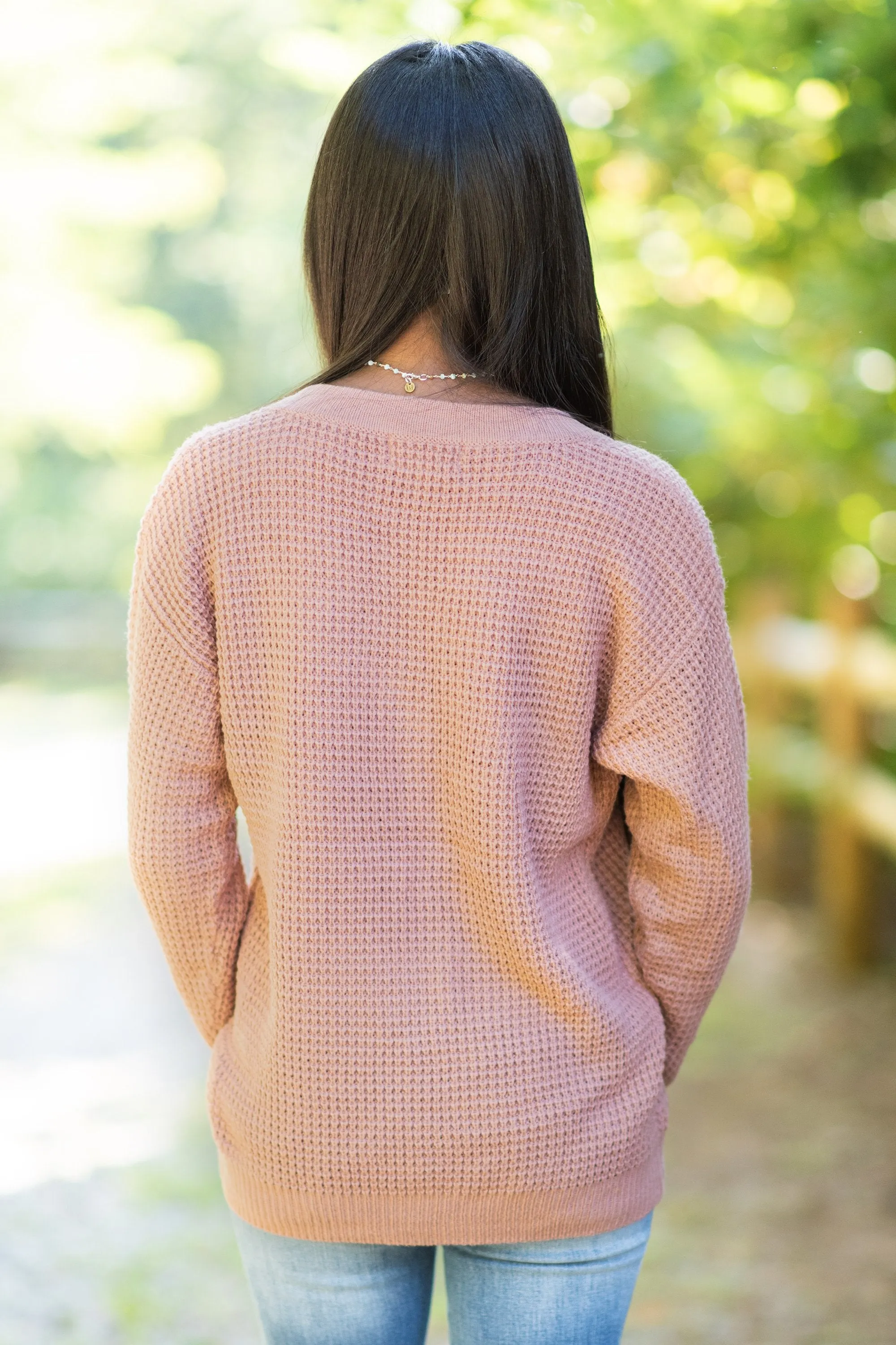 Just Be Happy Ash Rose Pink Waffle Sweater