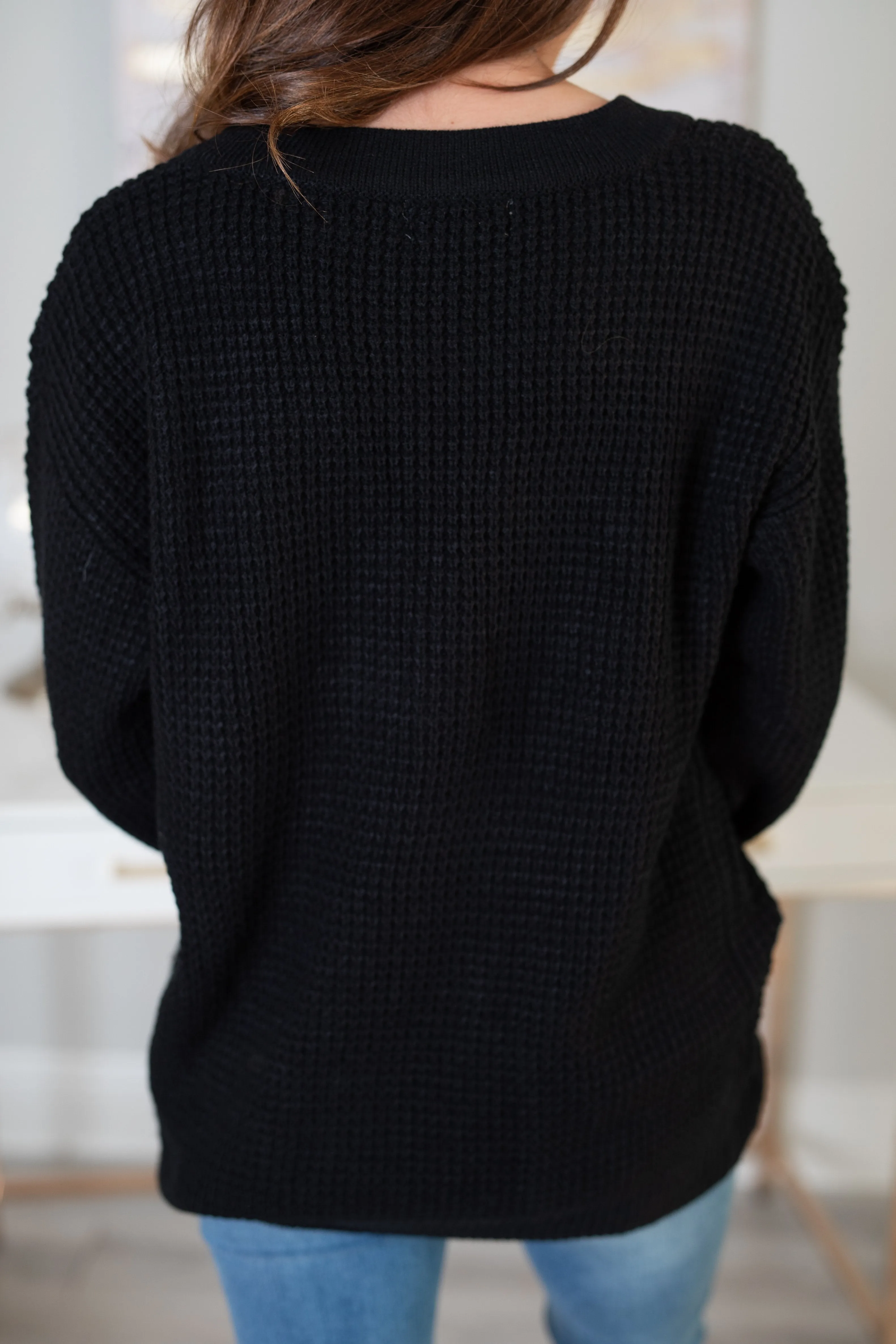 Just Be Happy Black Waffle Sweater