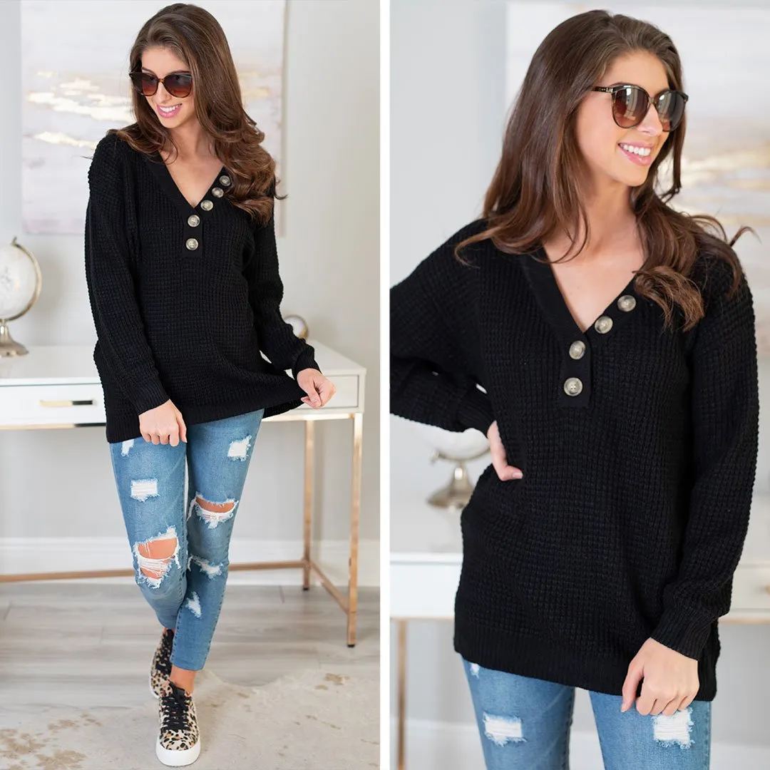 Just Be Happy Black Waffle Sweater