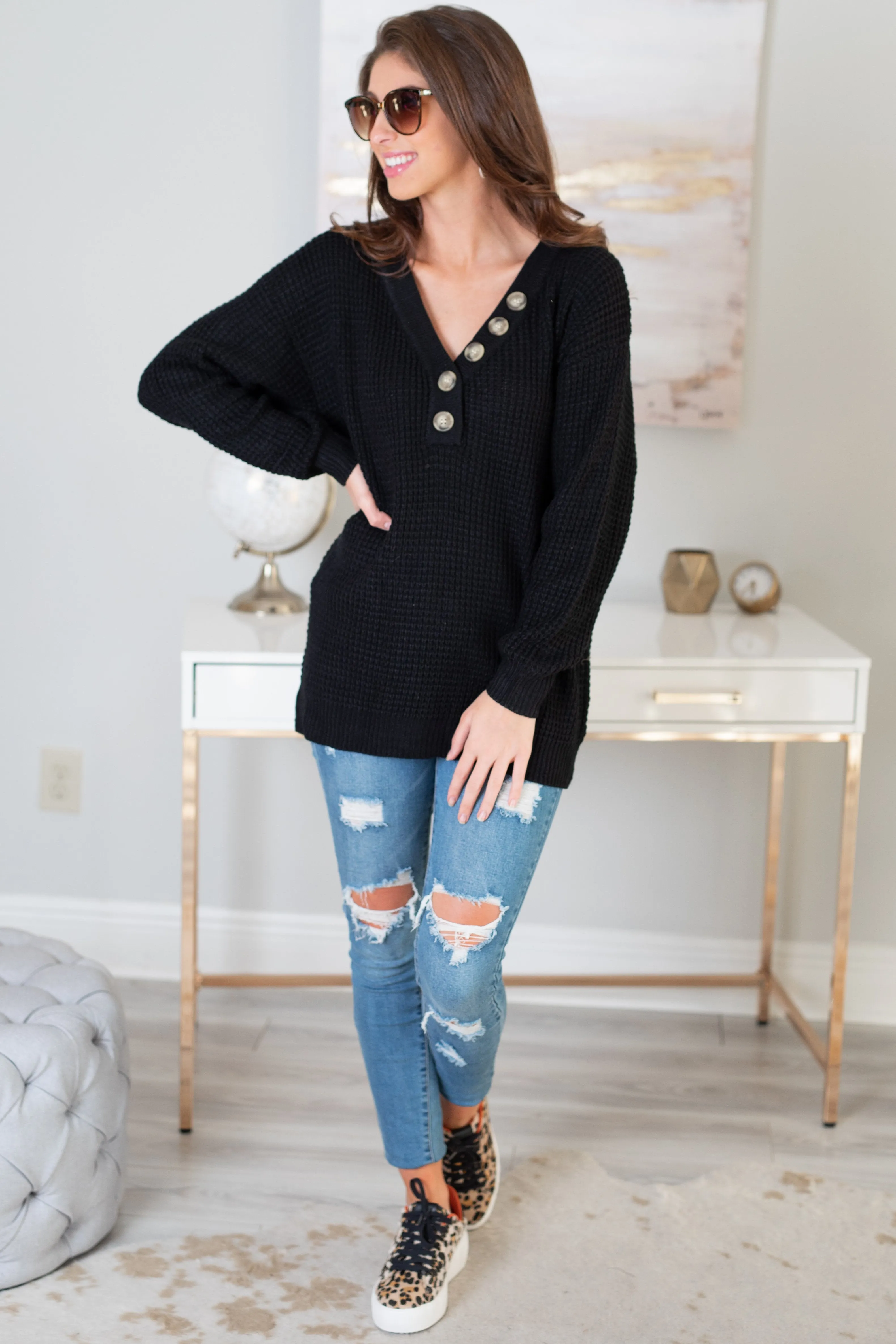Just Be Happy Black Waffle Sweater