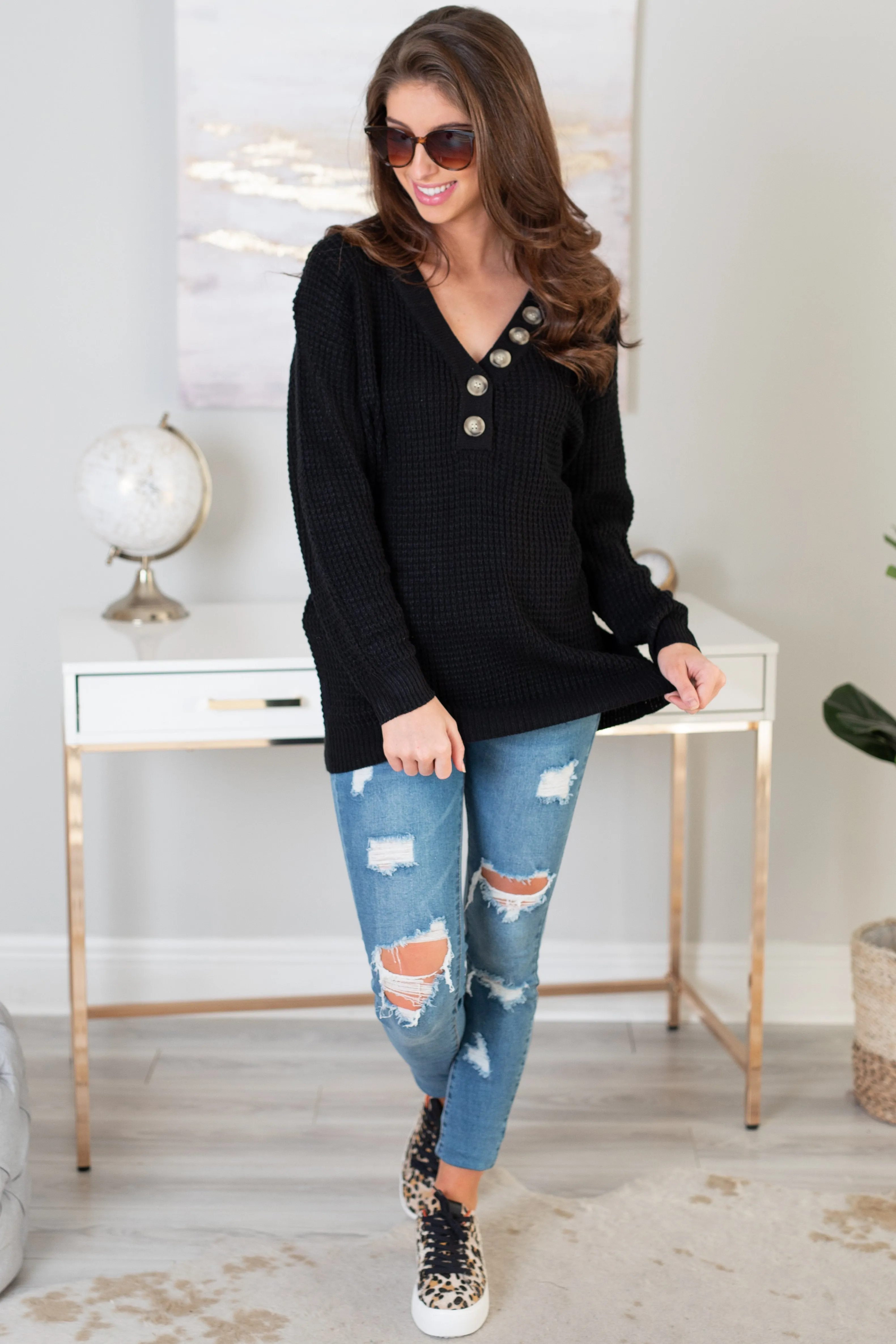 Just Be Happy Black Waffle Sweater