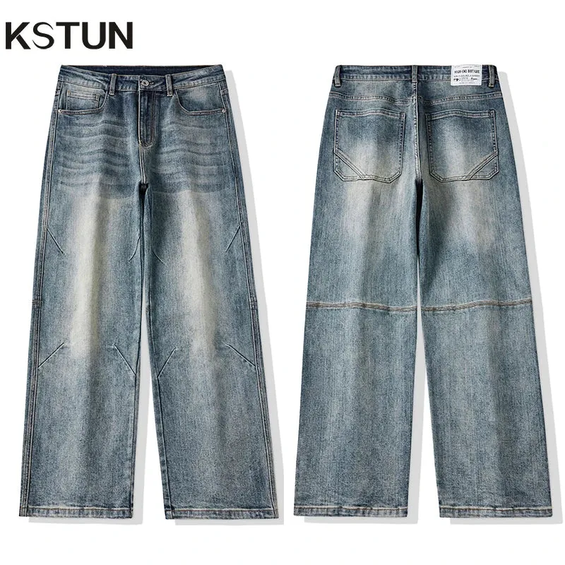 KSTUN Baggy Jeans Men Wide Leg Pants Light Blue Loose Jeans Stretch Male Denim Pants Streetwear Fashion Pockets Patchwork 2024
