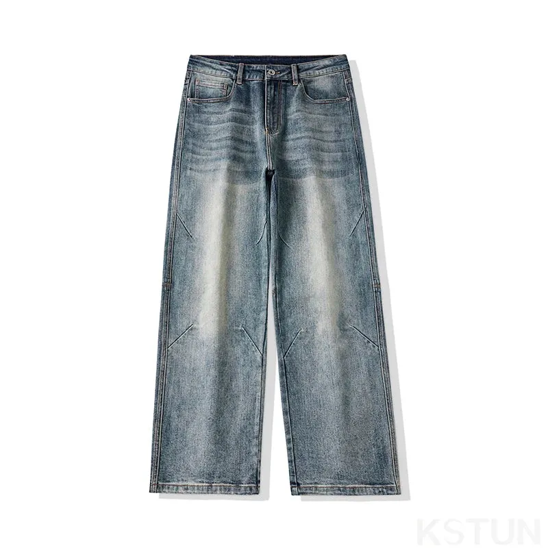 KSTUN Baggy Jeans Men Wide Leg Pants Light Blue Loose Jeans Stretch Male Denim Pants Streetwear Fashion Pockets Patchwork 2024