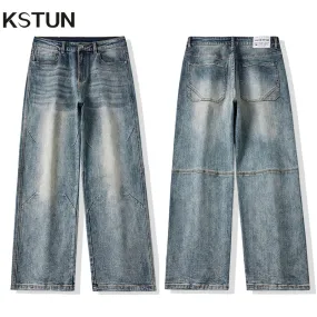 KSTUN Baggy Jeans Men Wide Leg Pants Light Blue Loose Jeans Stretch Male Denim Pants Streetwear Fashion Pockets Patchwork 2024