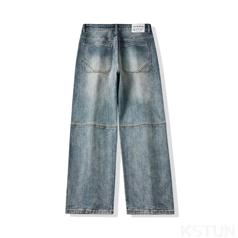 KSTUN Baggy Jeans Men Wide Leg Pants Light Blue Loose Jeans Stretch Male Denim Pants Streetwear Fashion Pockets Patchwork 2024