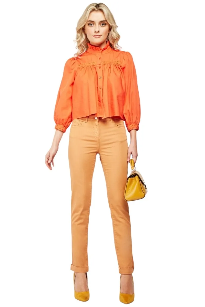 Ladies Camel High Waisted Rolled Ankle Cuff Cotton Rich Trousers