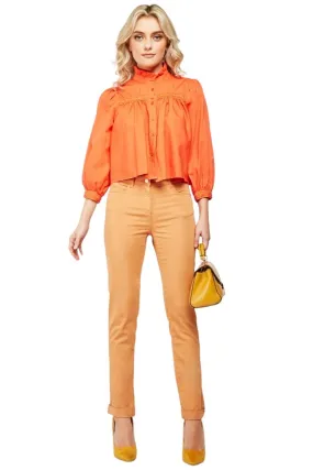 Ladies Camel High Waisted Rolled Ankle Cuff Cotton Rich Trousers