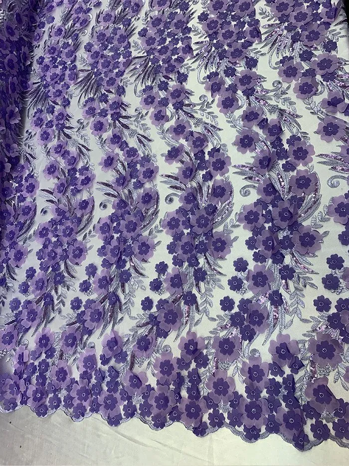 Lavender 3D Flowers Veil Bridal Gowns, Mesh Floral Lace Fabric By The Yard