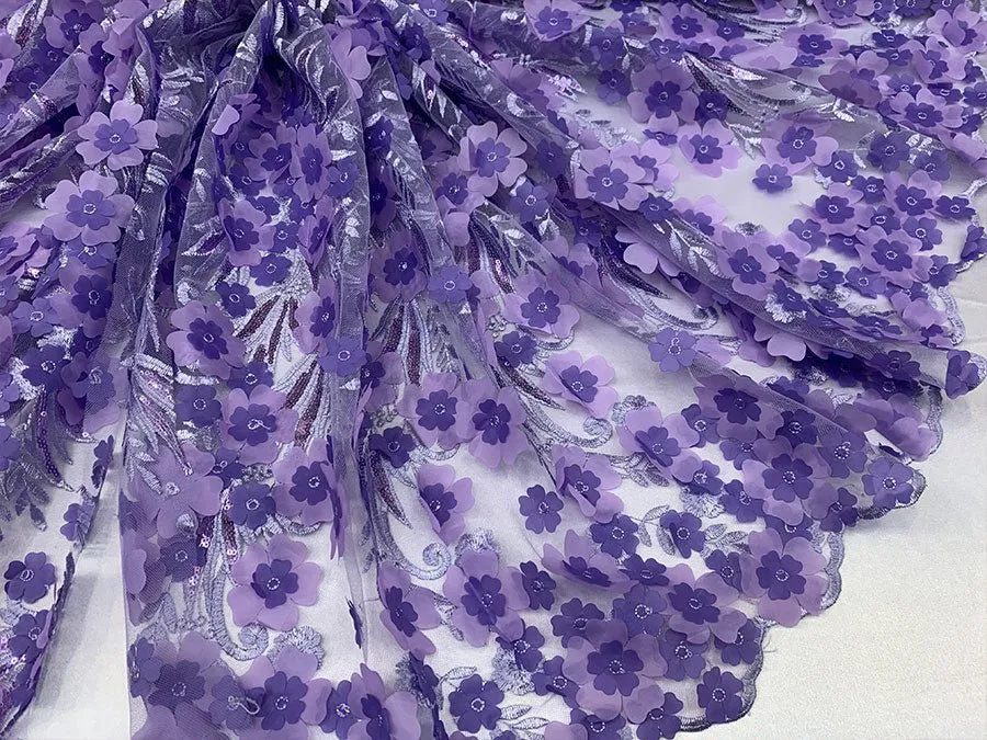 Lavender 3D Flowers Veil Bridal Gowns, Mesh Floral Lace Fabric By The Yard