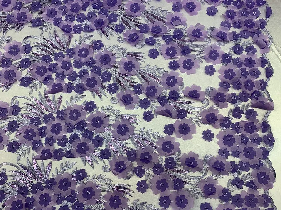 Lavender 3D Flowers Veil Bridal Gowns, Mesh Floral Lace Fabric By The Yard