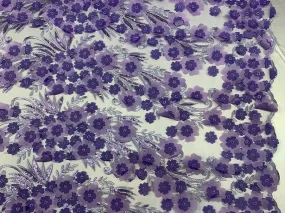 Lavender 3D Flowers Veil Bridal Gowns, Mesh Floral Lace Fabric By The Yard