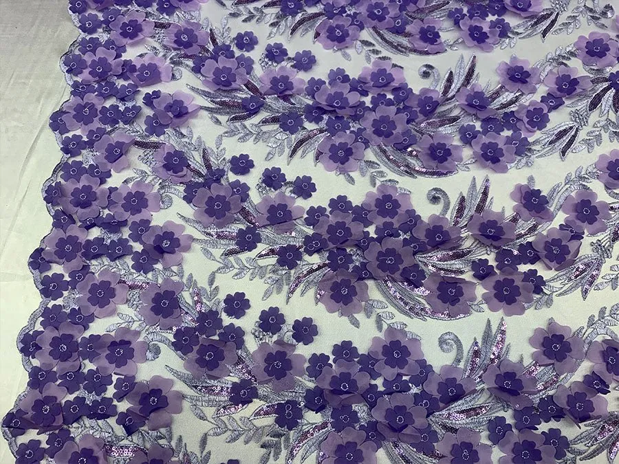 Lavender 3D Flowers Veil Bridal Gowns, Mesh Floral Lace Fabric By The Yard
