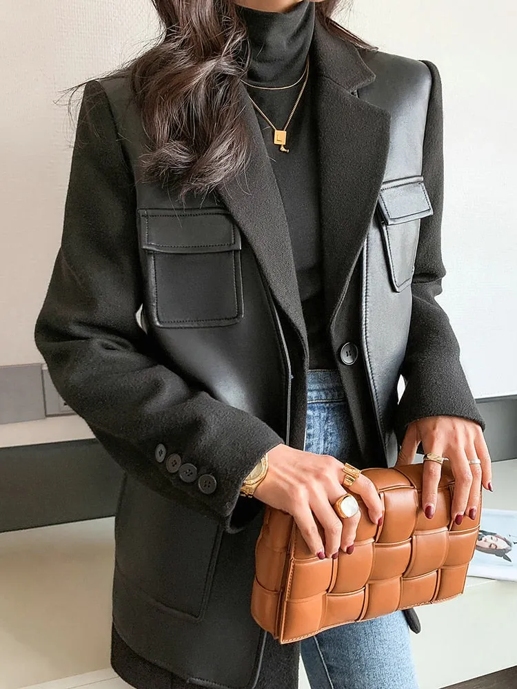 Leather Patchwork Turn-down Collar Temperament Pocket Single Breasted
