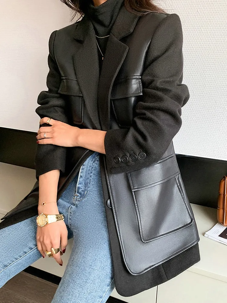 Leather Patchwork Turn-down Collar Temperament Pocket Single Breasted